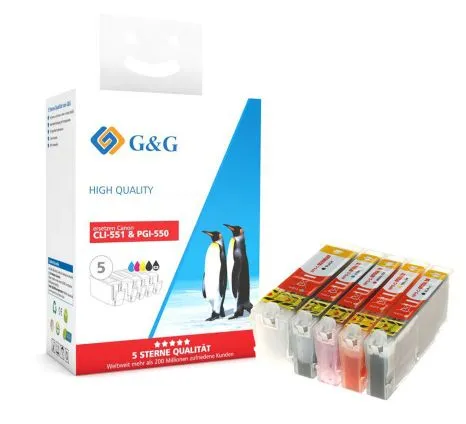 Pack de 5 cartouches Premium marque G&G compatibles Canon PGI-550XXL + CLI-551XLC + CLI-551XLM + CLI-551XLY - 6509B008 - Noire + cyan + magenta + jaune