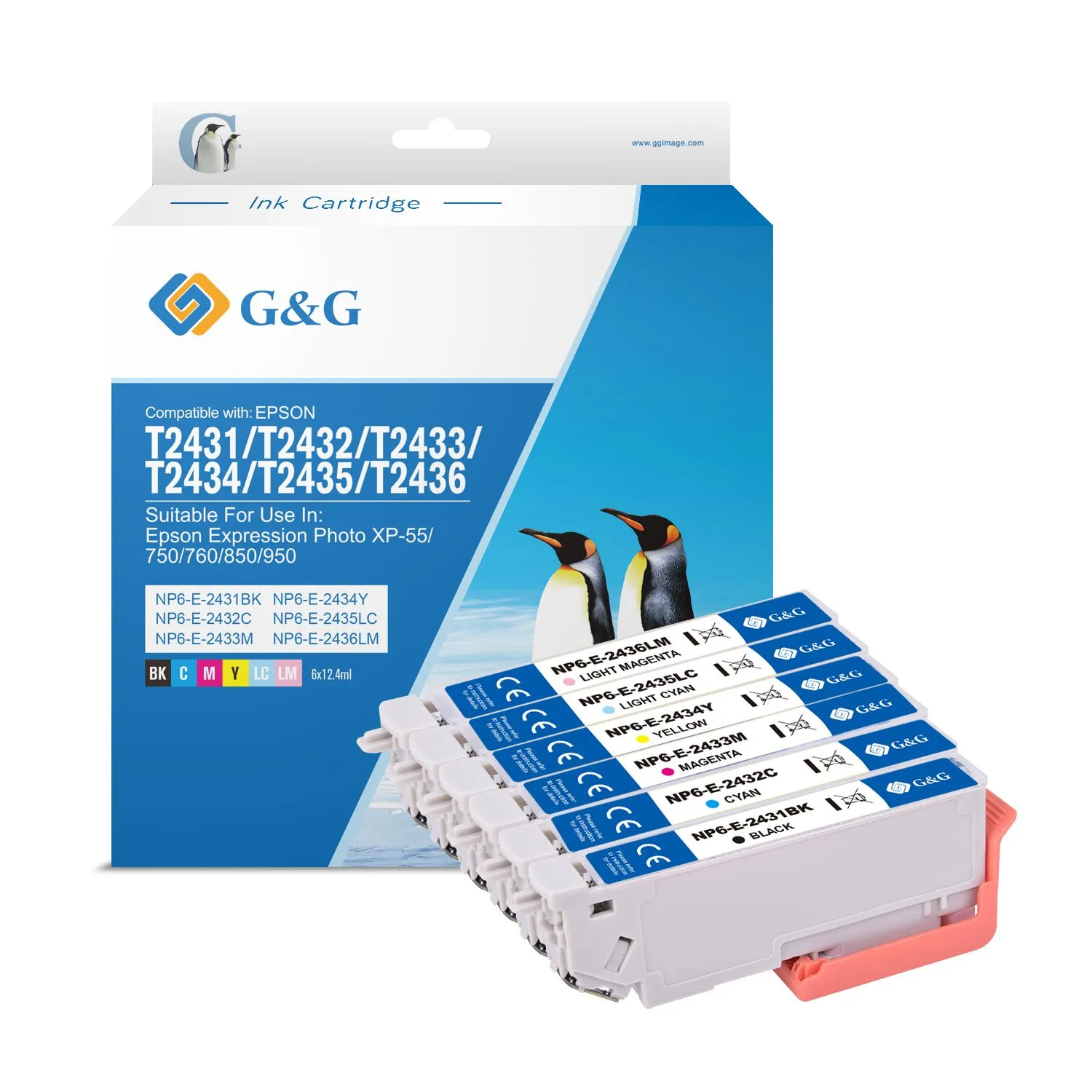 Pack de 6 cartouches Premium marque G&G compatibles Epson T2438XL / T2438 (24XL) - C13T24384011 - (Série éléphant) - Noire + cyan + magenta + jaune