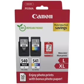 Canon PG540L Noir + CL541XL Couleur Pack de 2 cartouches d’encre originales – 50 feuilles de papier photo – 5224B012/5224B007/5224B005/5222B013/5222B014