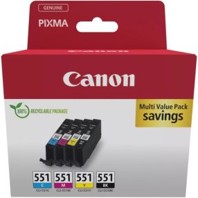Canon CLI551 Multipack de 4 cartouches d’encre originales Noir, Cyan, Magenta et Jaune – 6509B015