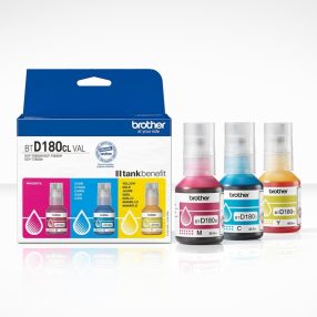 Brother BTD180CLVAL Lot de 3 bouteilles d’encre cyan, magenta et jaune d’origine – BTD180CLVAL