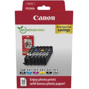 Canon PGI530/CLI531 Pack de 6 cartouches d’encre originales + 50 feuilles de papier photo 10x15cm – 6117C004