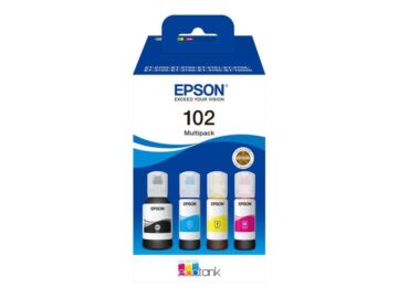 Pack de 4 bouteilles d’encre 102 d’origine Epson C13T03R640 – Noire + cyan + magenta + jaune